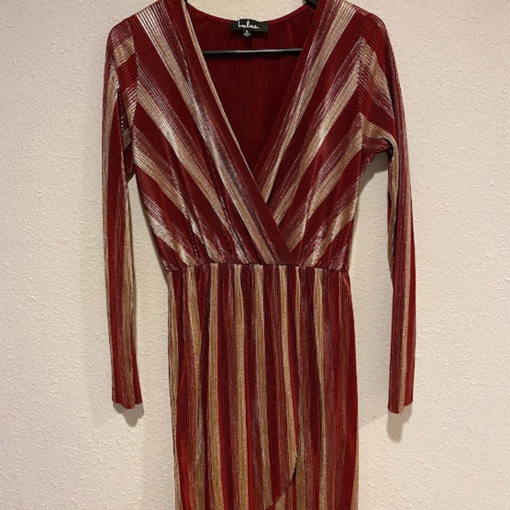 Lulu's VIP Party Gold and Burgundy Striped Pleated Long Sleeve Dress